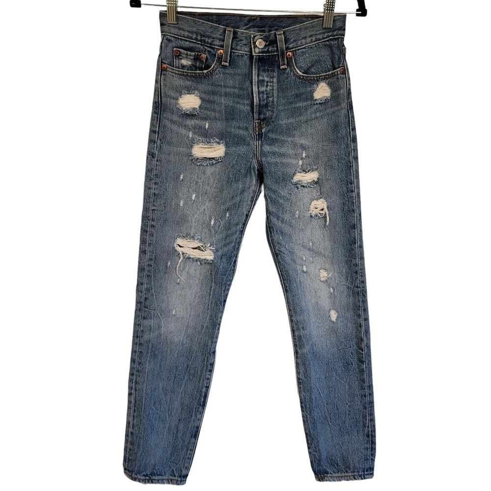 Levi's 501 Button Your Fly Skinny Jeans Distressed Denim Jeans 100% Cotton sz 25